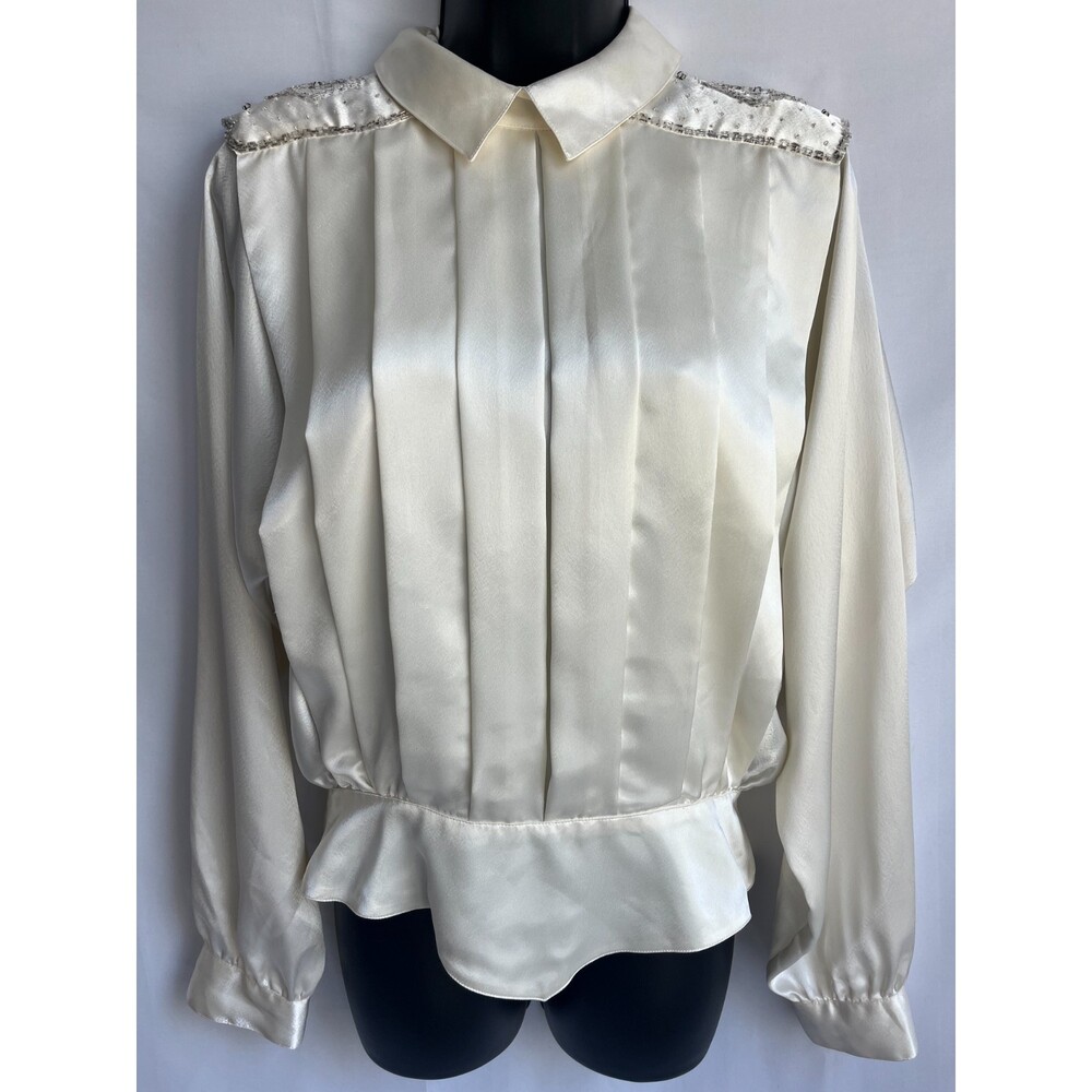 Vintage Axiom Satin Beaded Long Sleeve Blouse Size 8 Cream White Pleated Baroque